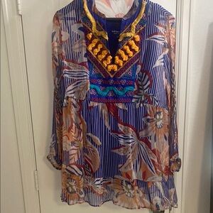 Soft Surroundings Tory Tunic Blue and White Embellished 3/4 Sleeve Blouse